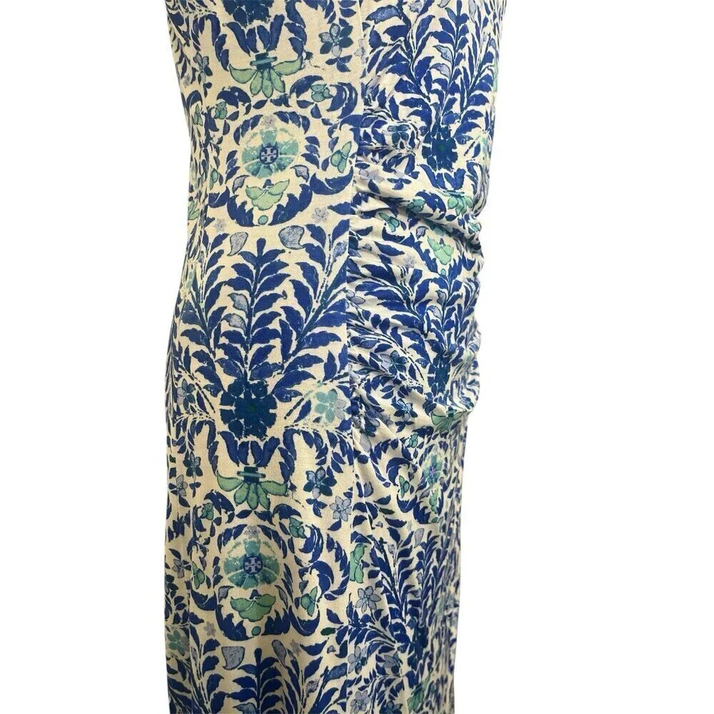 Tory Burch Ruched Knee Length Silk Dress Blue White Floral Print Lined Medium